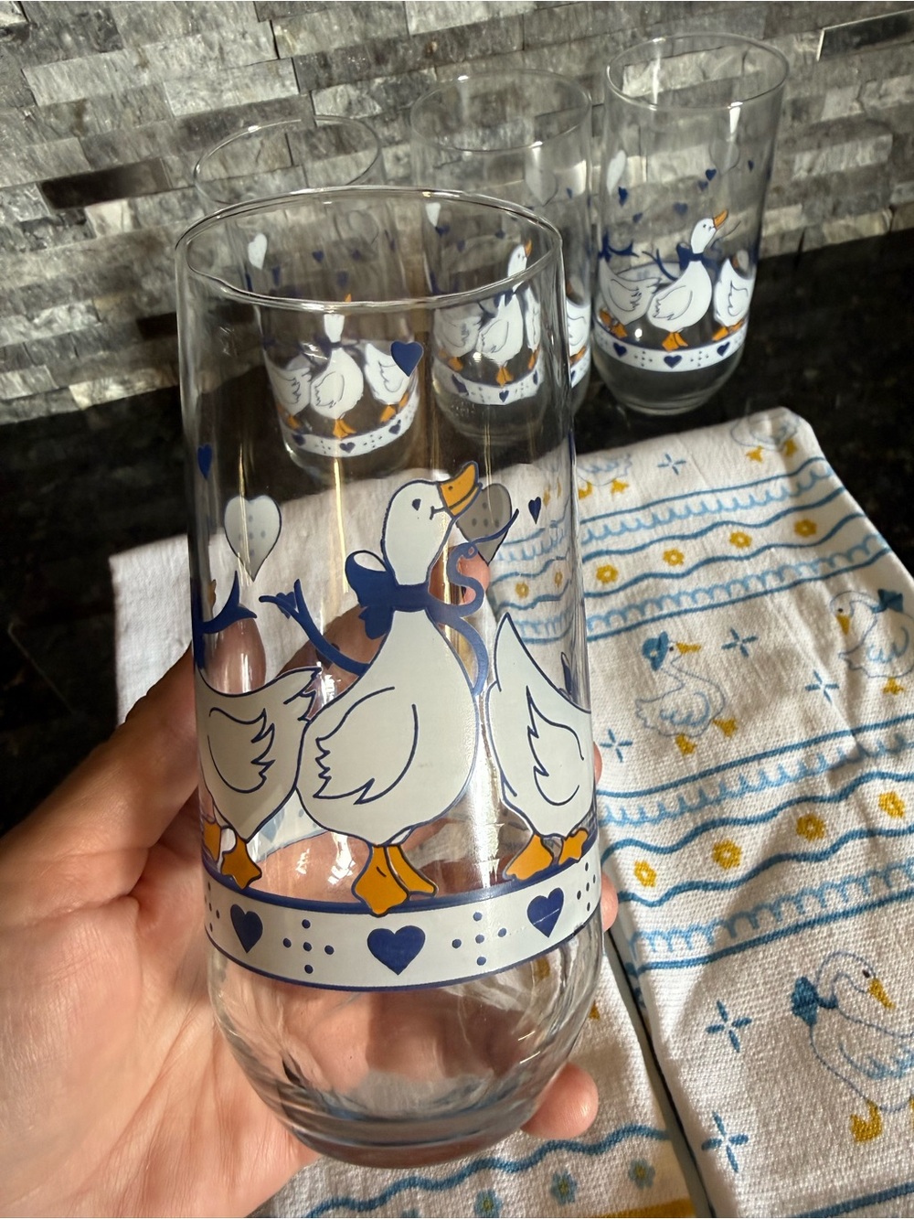 Vintage Cottage Core Country Geese and Hearts Set of 4 Drinking Glasses